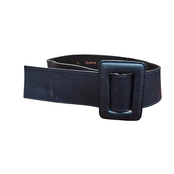 ZAPA Wide Navy Blue Leather Belt Size S Square Buckle 100% Calfskin France main image 8